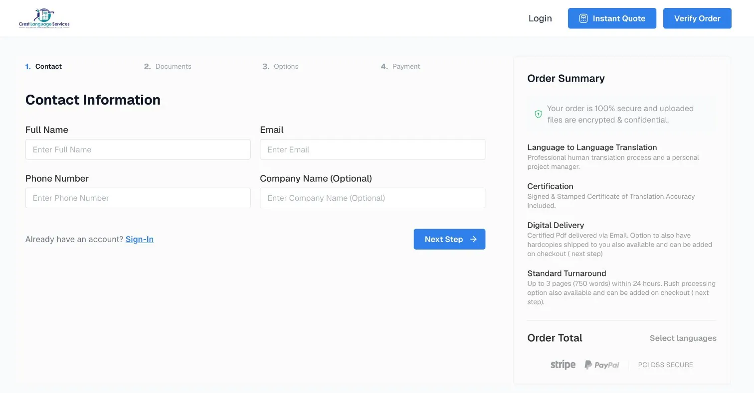 Crest Language Services, live product