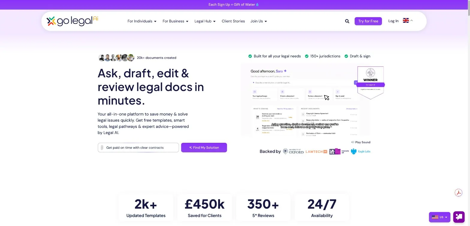 GoLegal AI homepage
