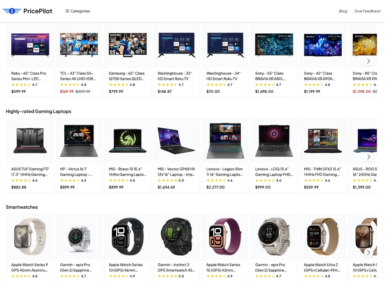 Category browsing with ratings and prices
